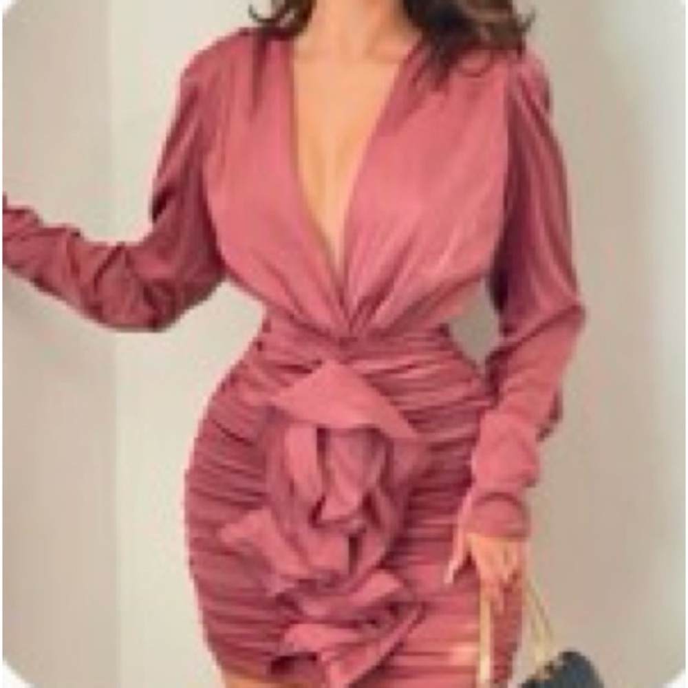 Satin Ruched Long-Sleeve Mini Dress in Pink